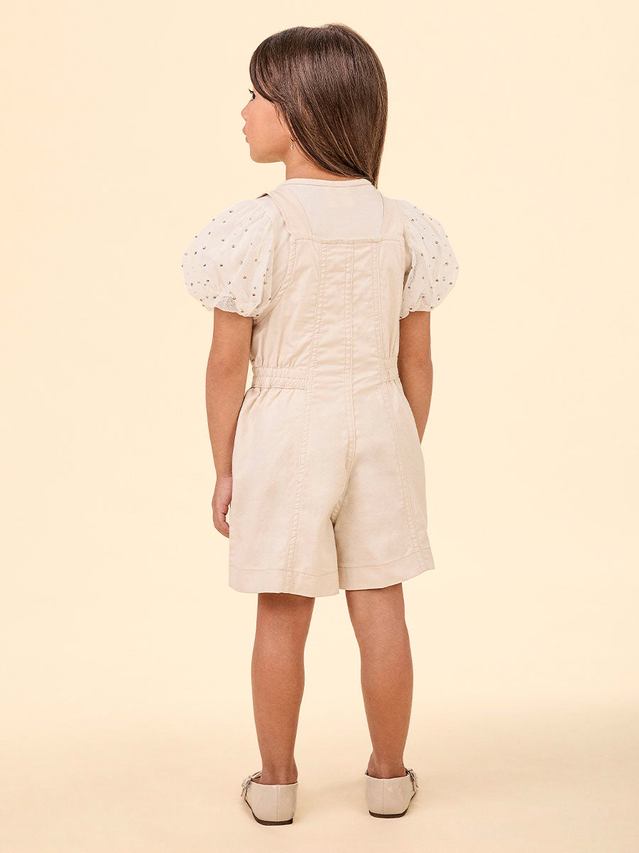 Jardineira Infantil Animê Verão Bege e Blusa Balonê com Strass