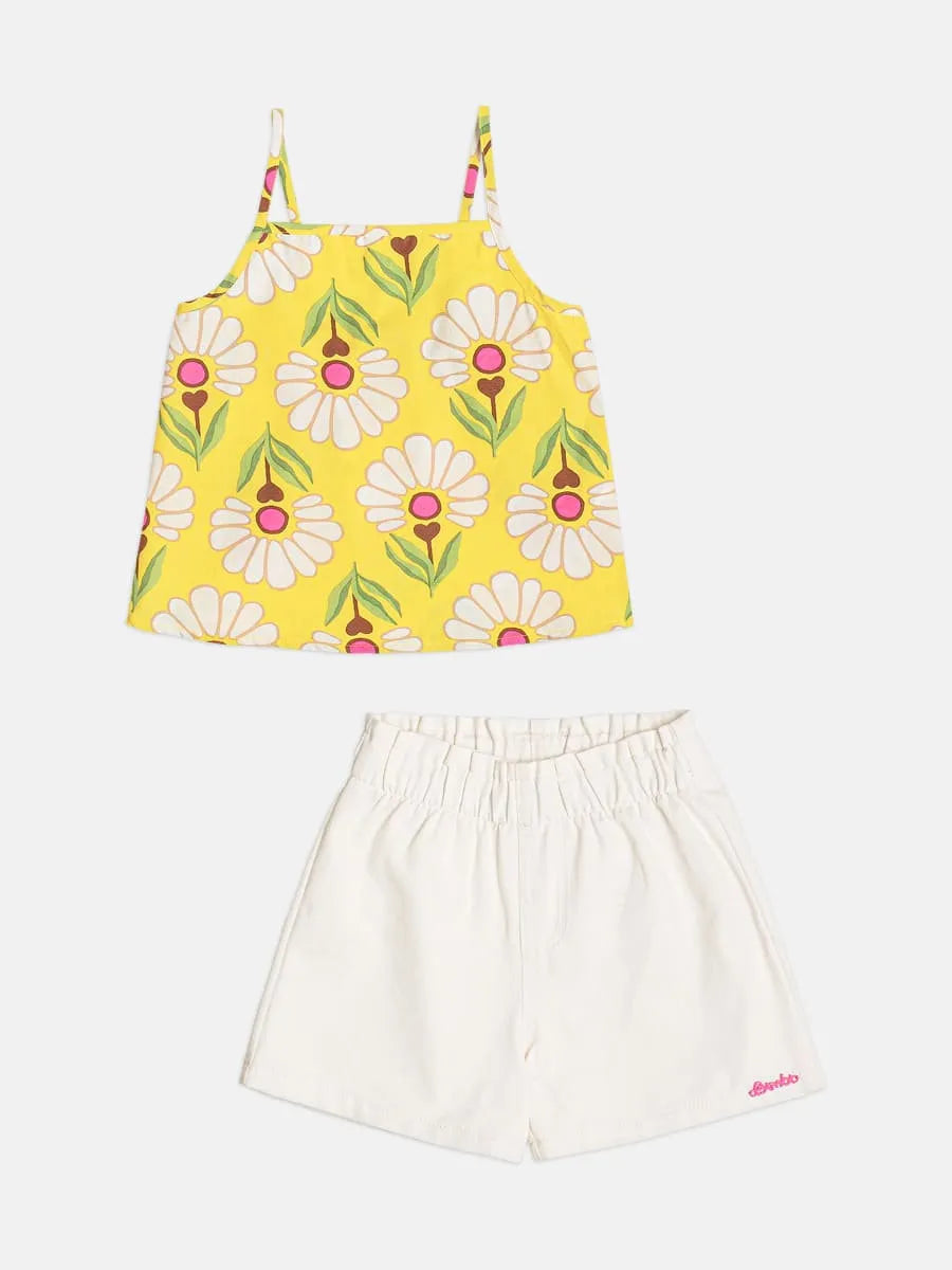 Conjunto Infantil Menina Bimbi com Shorts Branco e Blusa Amarela Florzinhas