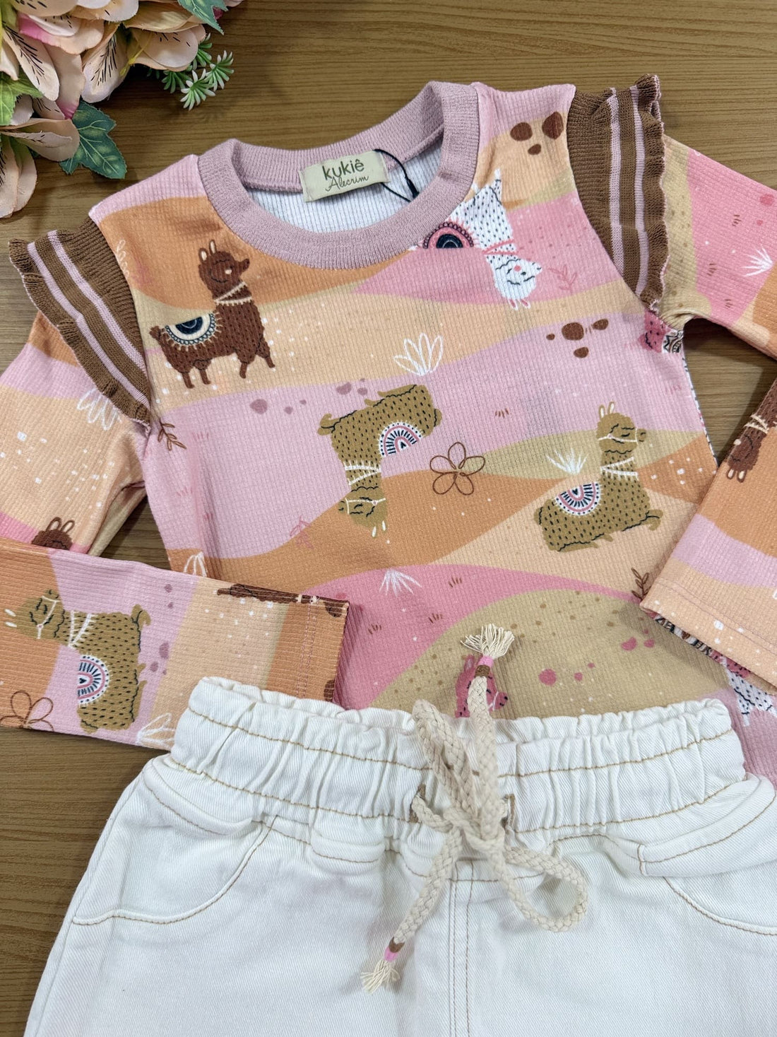 Conjunto Infantil Kukiê Inverno Short Saia e Blusa Manga Longa Lhamas