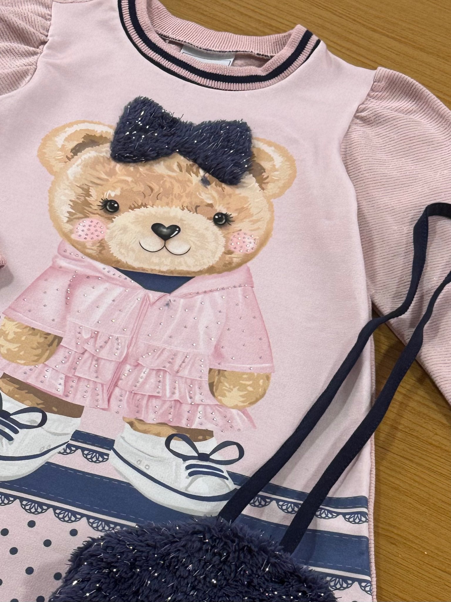 Vestido Infantil Kukie Inverno Ursinha Rosa Com Bolsinha
