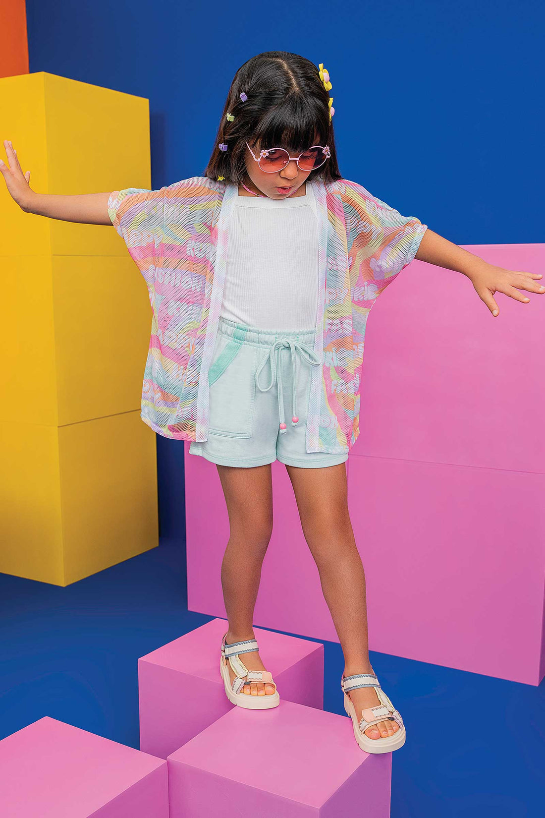 Conjunto Infantil Kukie Verão Shorts Verde, Blusa e Kimono Fashion