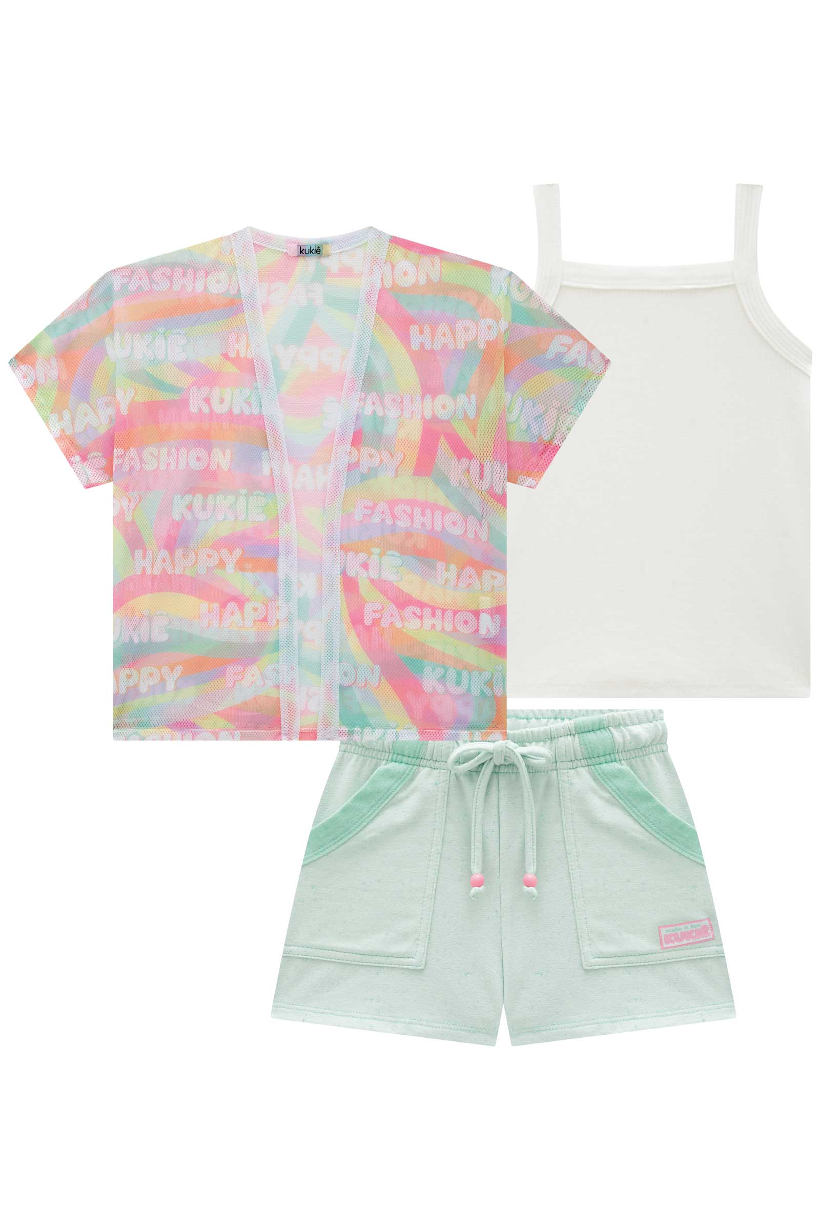 Conjunto Infantil Kukie Verão Shorts Verde, Blusa e Kimono Fashion