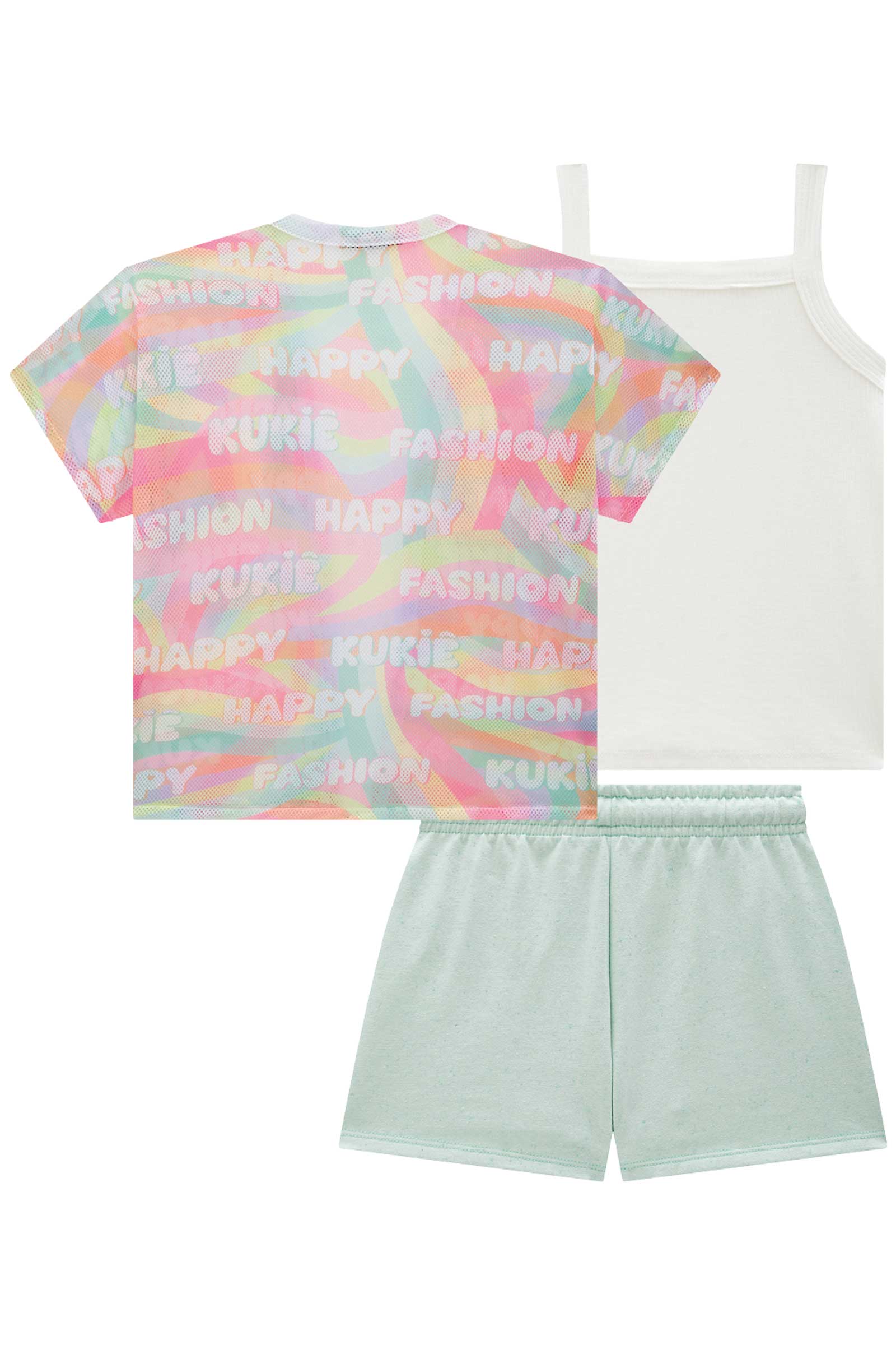 Conjunto Infantil Kukie Verão Shorts Verde, Blusa e Kimono Fashion