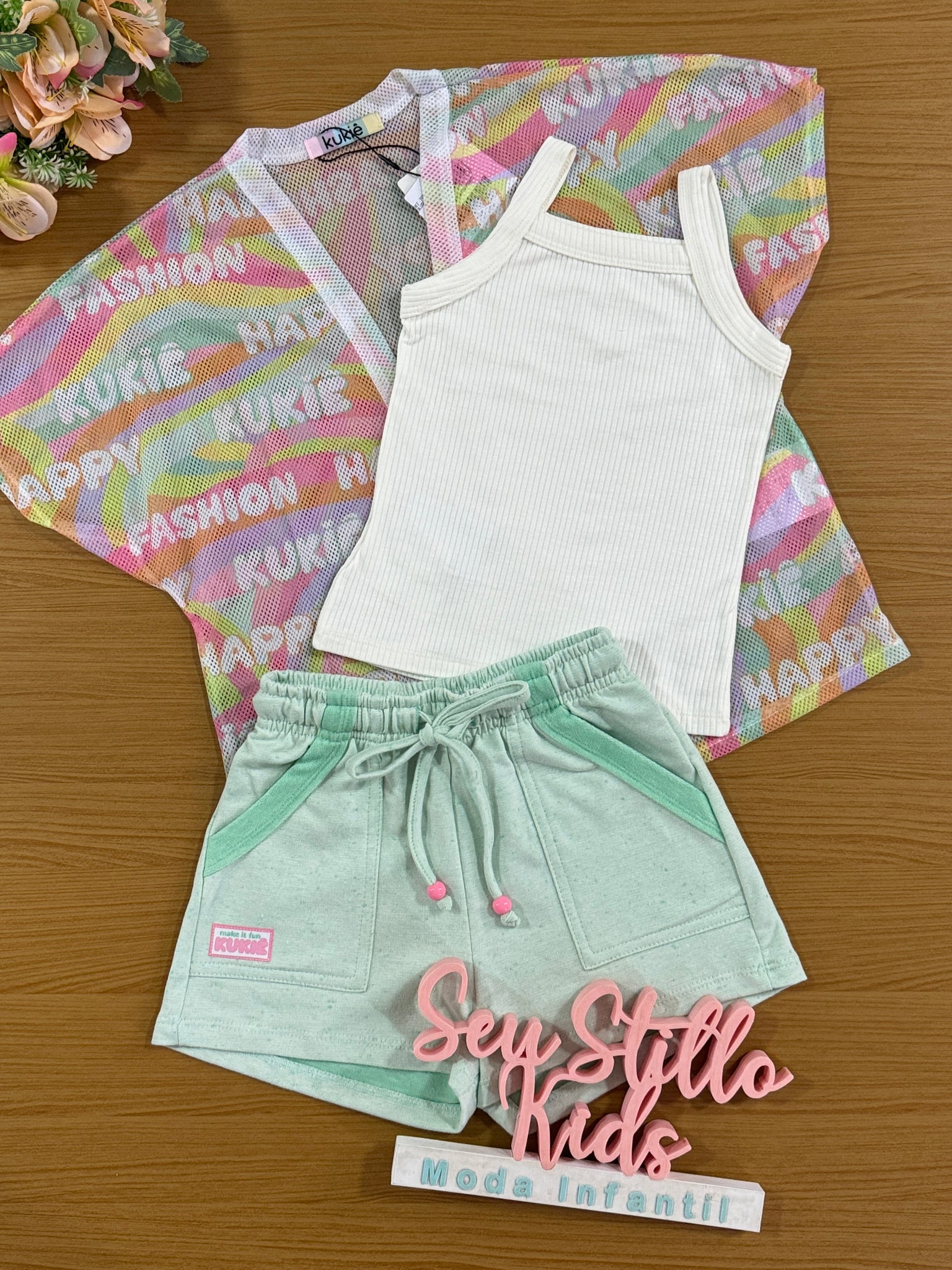 Conjunto Infantil Kukie Verão Shorts Verde, Blusa e Kimono Fashion