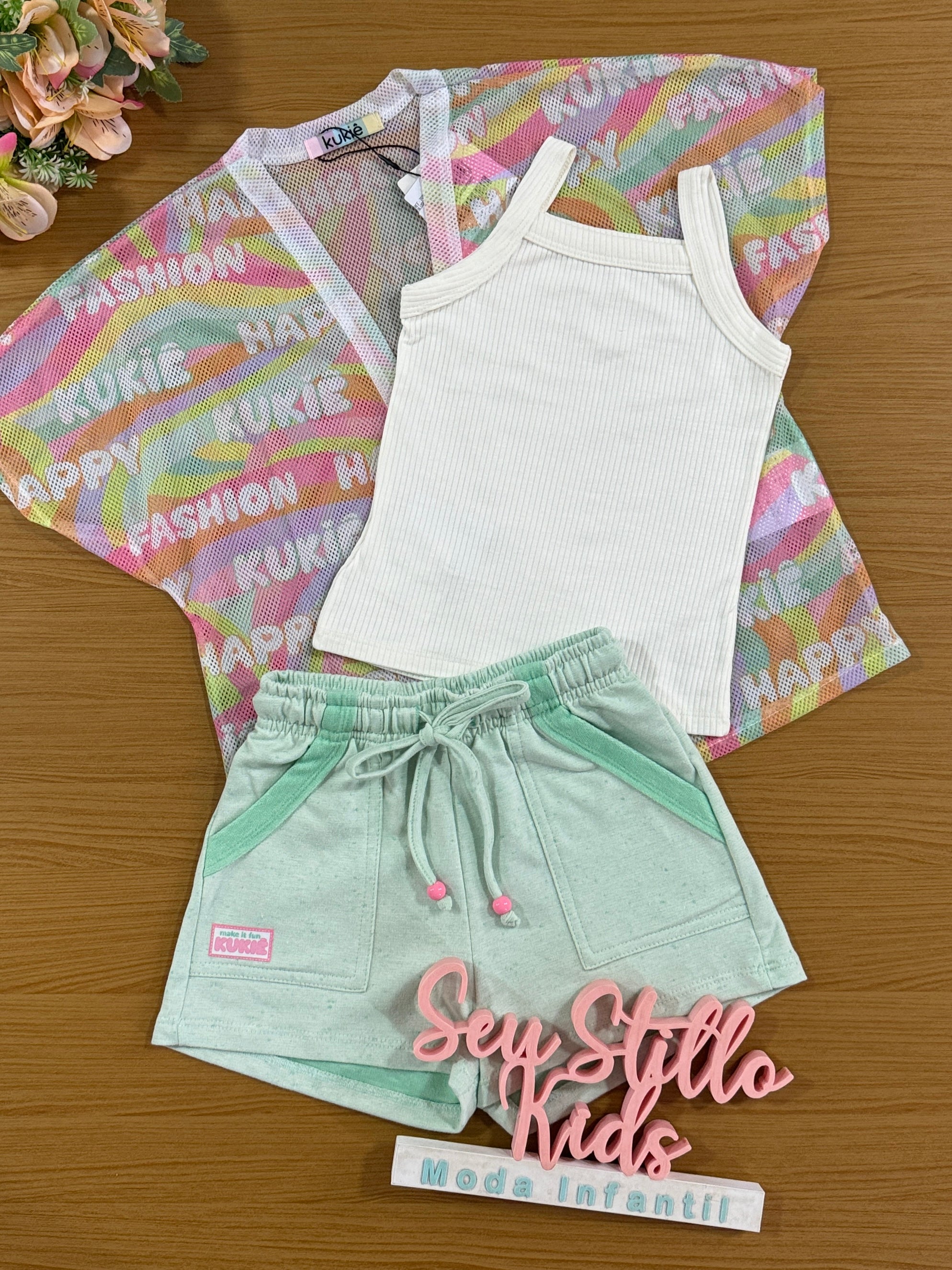 Conjunto Infantil Kukie Verão Shorts Verde, Blusa e Kimono Fashion