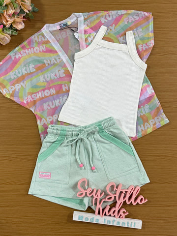 Conjunto Infantil Kukie Verão Shorts Verde, Blusa e Kimono Fashion