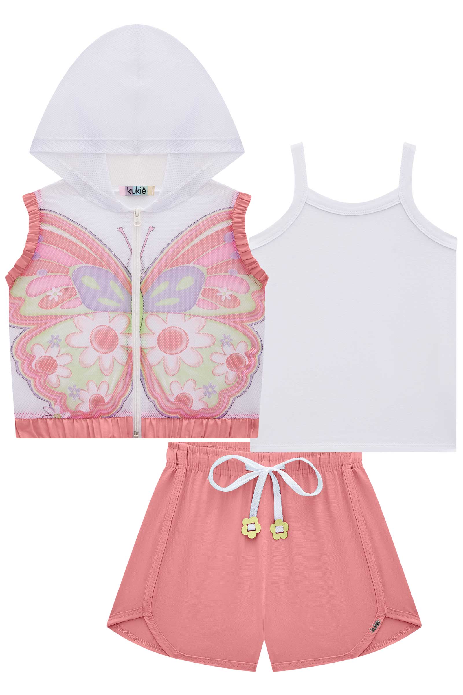 Conjunto Infantil Kukie Verão Shorts Coral, Top e Colete Borboleta