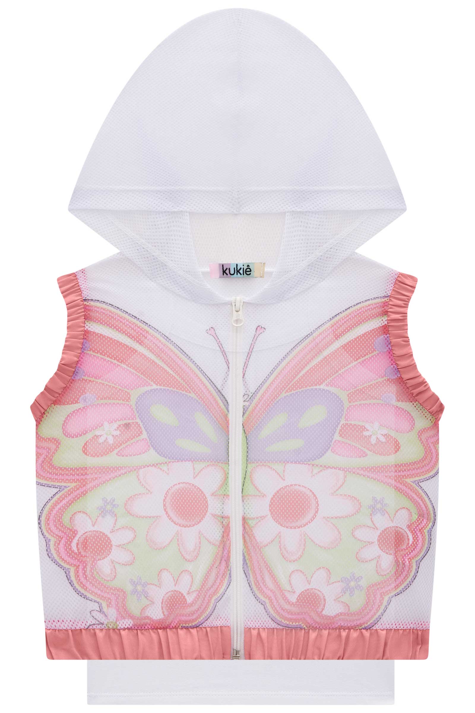 Conjunto Infantil Kukie Verão Shorts Coral, Top e Colete Borboleta