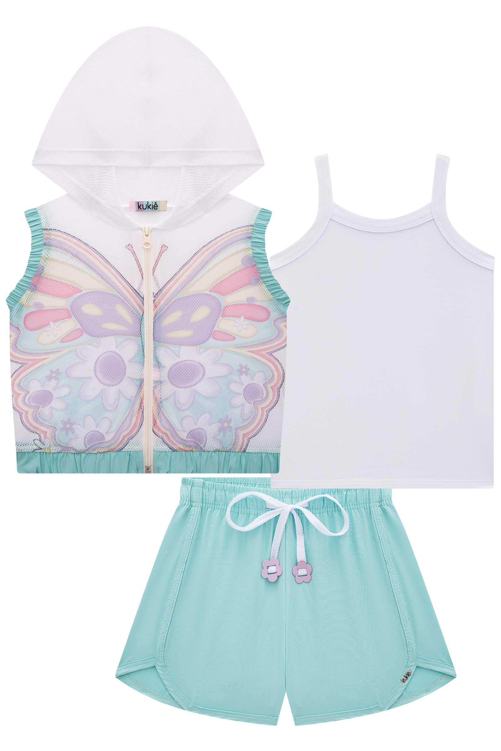 Conjunto Infantil Kukie Verão Shorts Verde, Top e Colete Borboleta