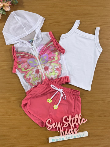 Conjunto Infantil Kukie Verão Shorts Coral, Top e Colete Borboleta