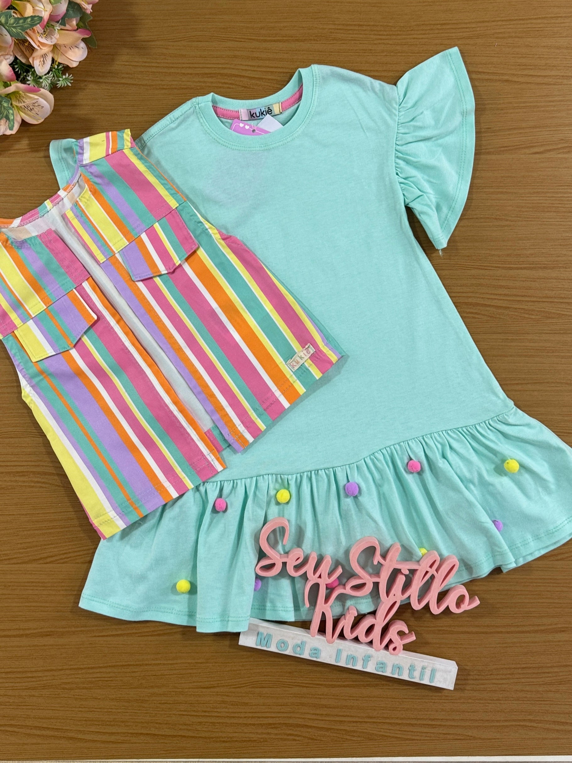 Vestido Infantil Kukie Verão Verde com Colete Colorido