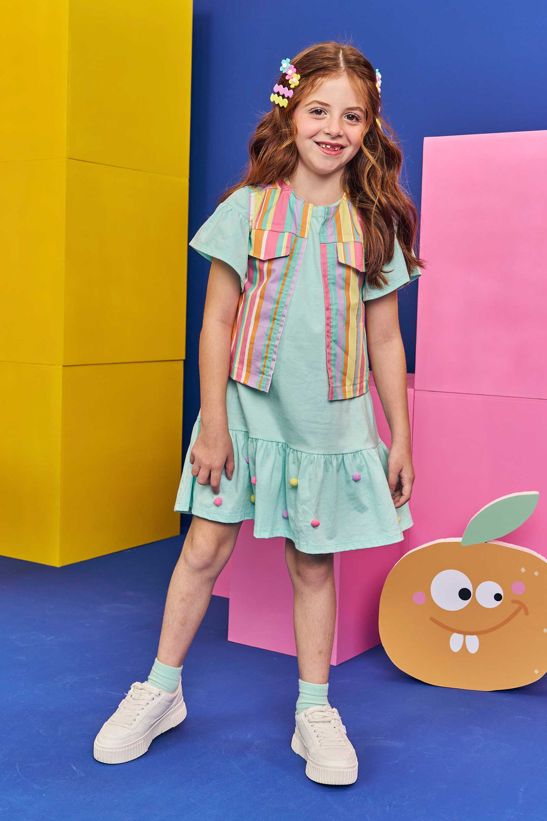 Vestido Infantil Kukie Verão Verde com Colete Colorido