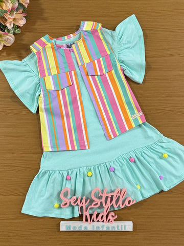 Vestido Infantil Kukie Verão Verde com Colete Colorido