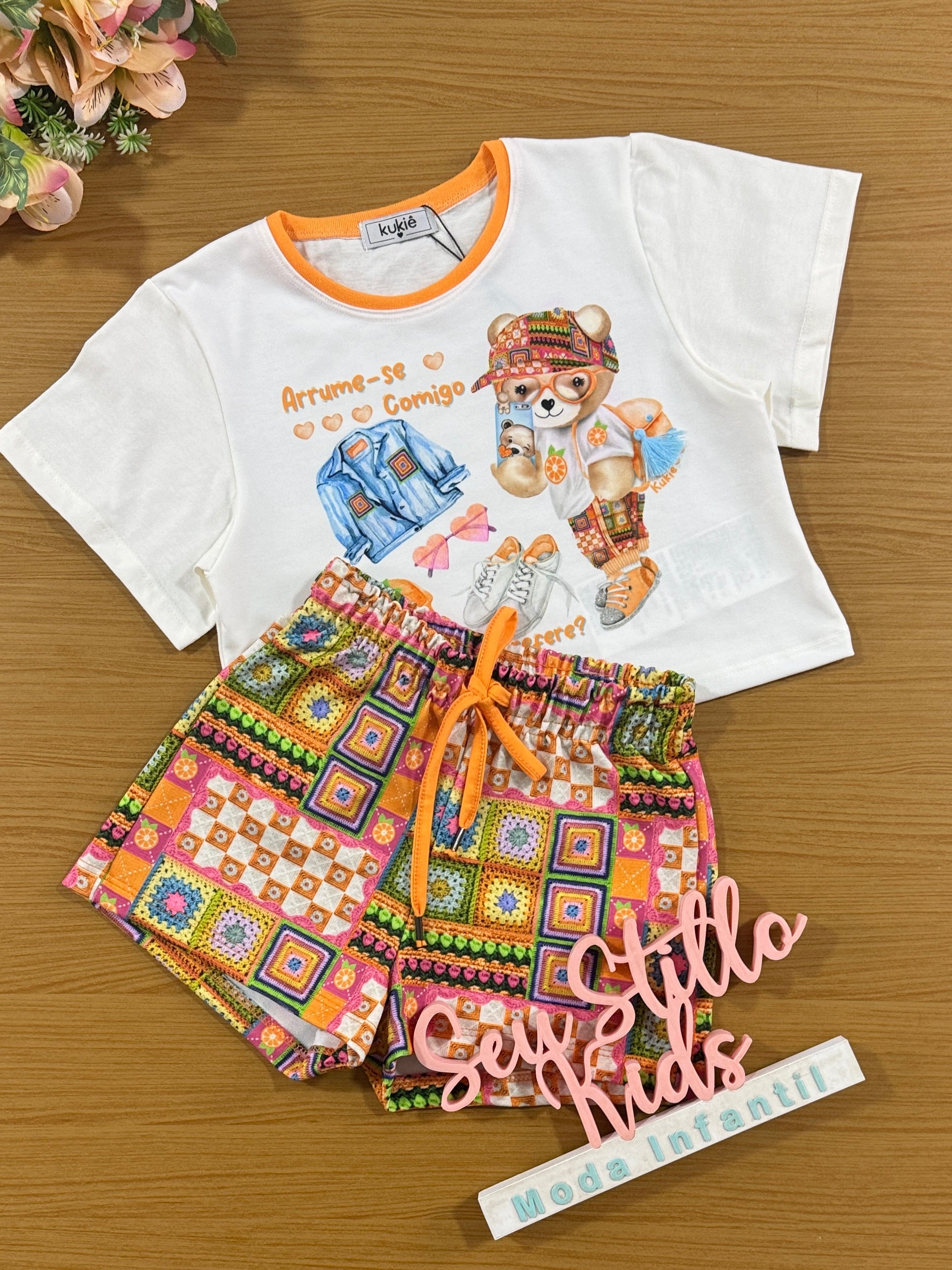 Conjunto Infantil Kukie Verão Shorts Blusa Ursinho Patchwork