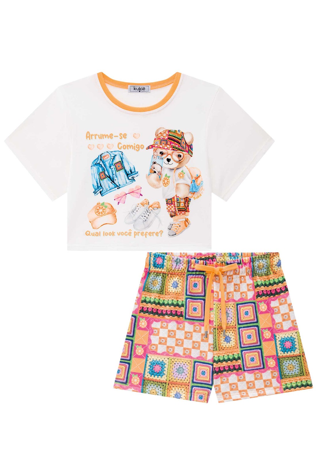 Conjunto Infantil Kukie Verão Shorts Blusa Ursinho Patchwork
