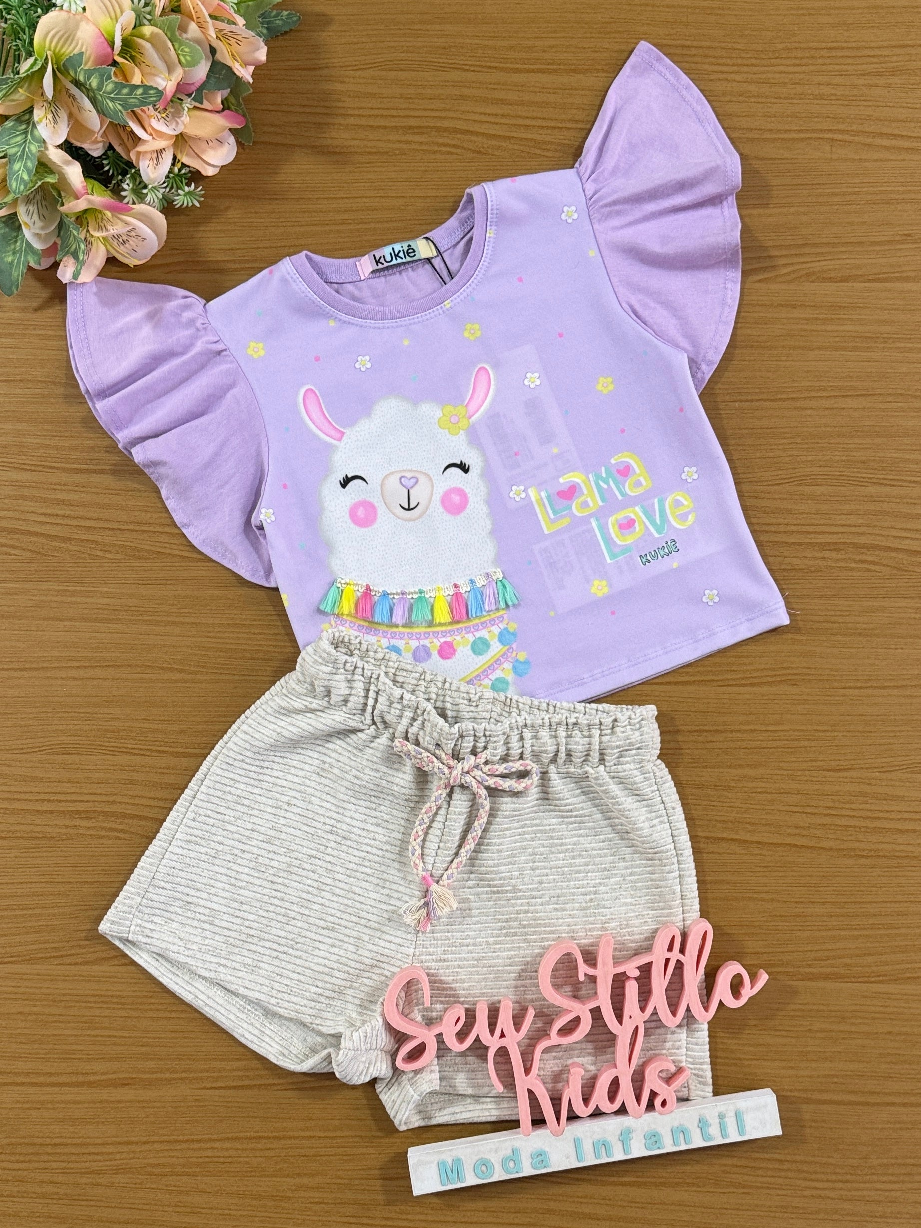 Conjunto Infantil Kukie Verão Shorts e Blusa Lilás Lhama