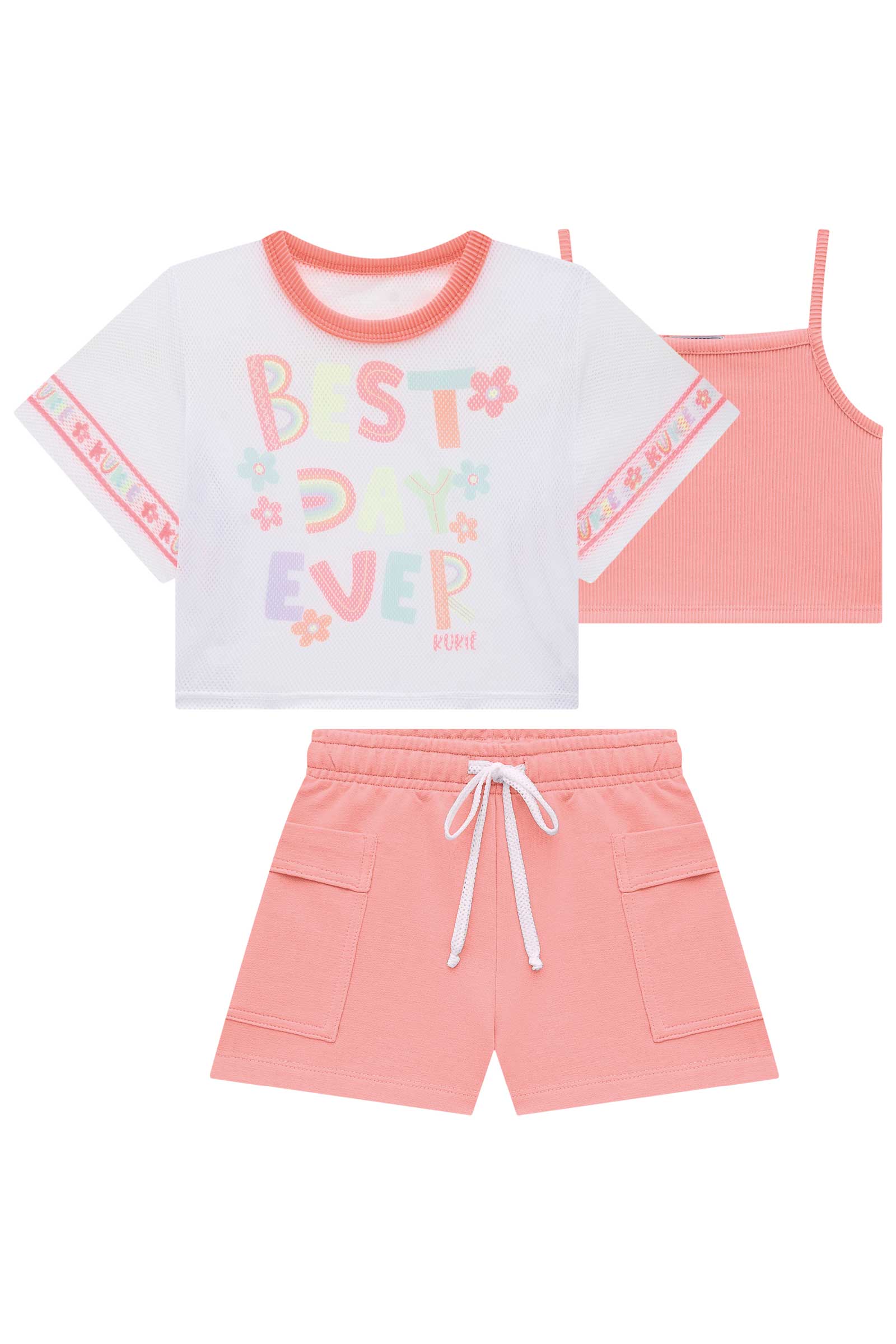 Conjunto Infantil Kukie Verão Shorts Coral, Top e Sobreposição Best