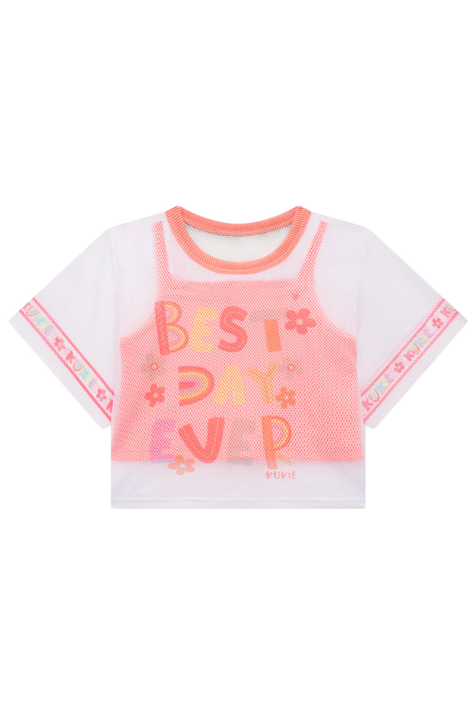 Conjunto Infantil Kukie Verão Shorts Coral, Top e Sobreposição Best