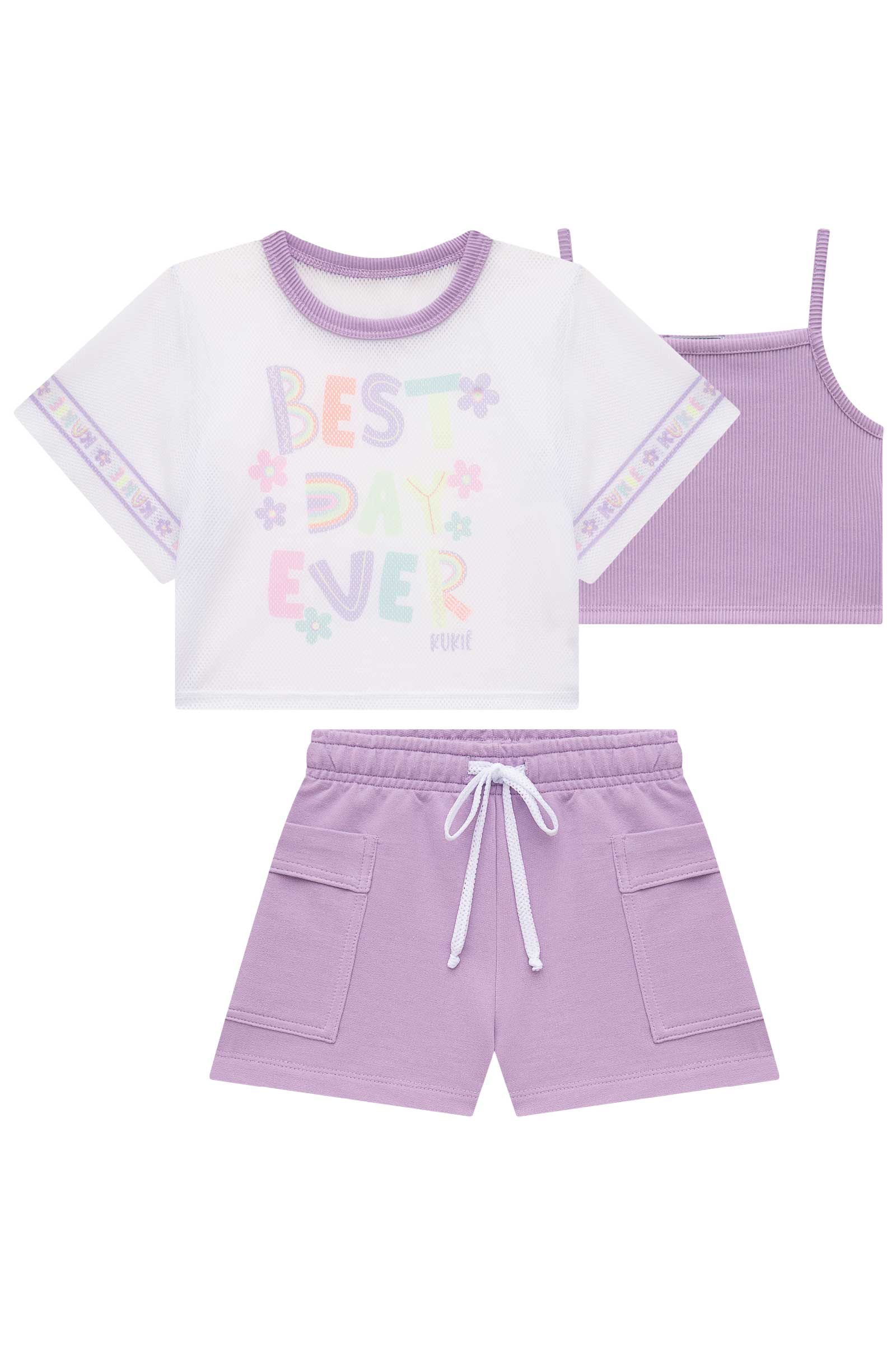Conjunto Infantil Kukie Verão Shorts Lilás, Top e Sobreposição Best