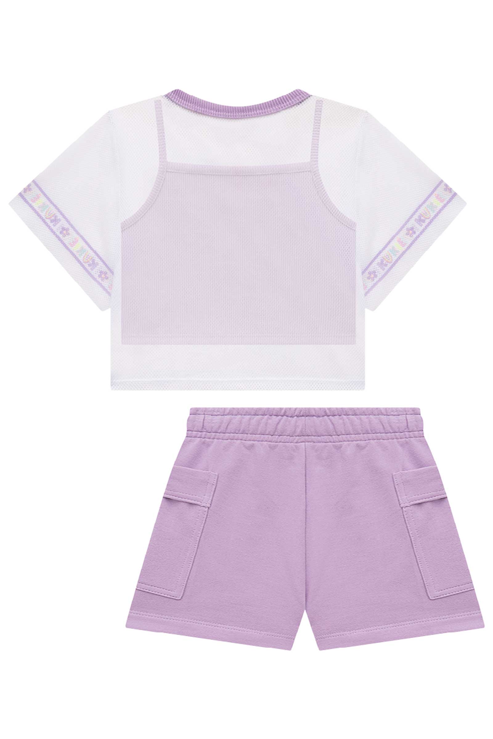 Conjunto Infantil Kukie Verão Shorts Lilás, Top e Sobreposição Best