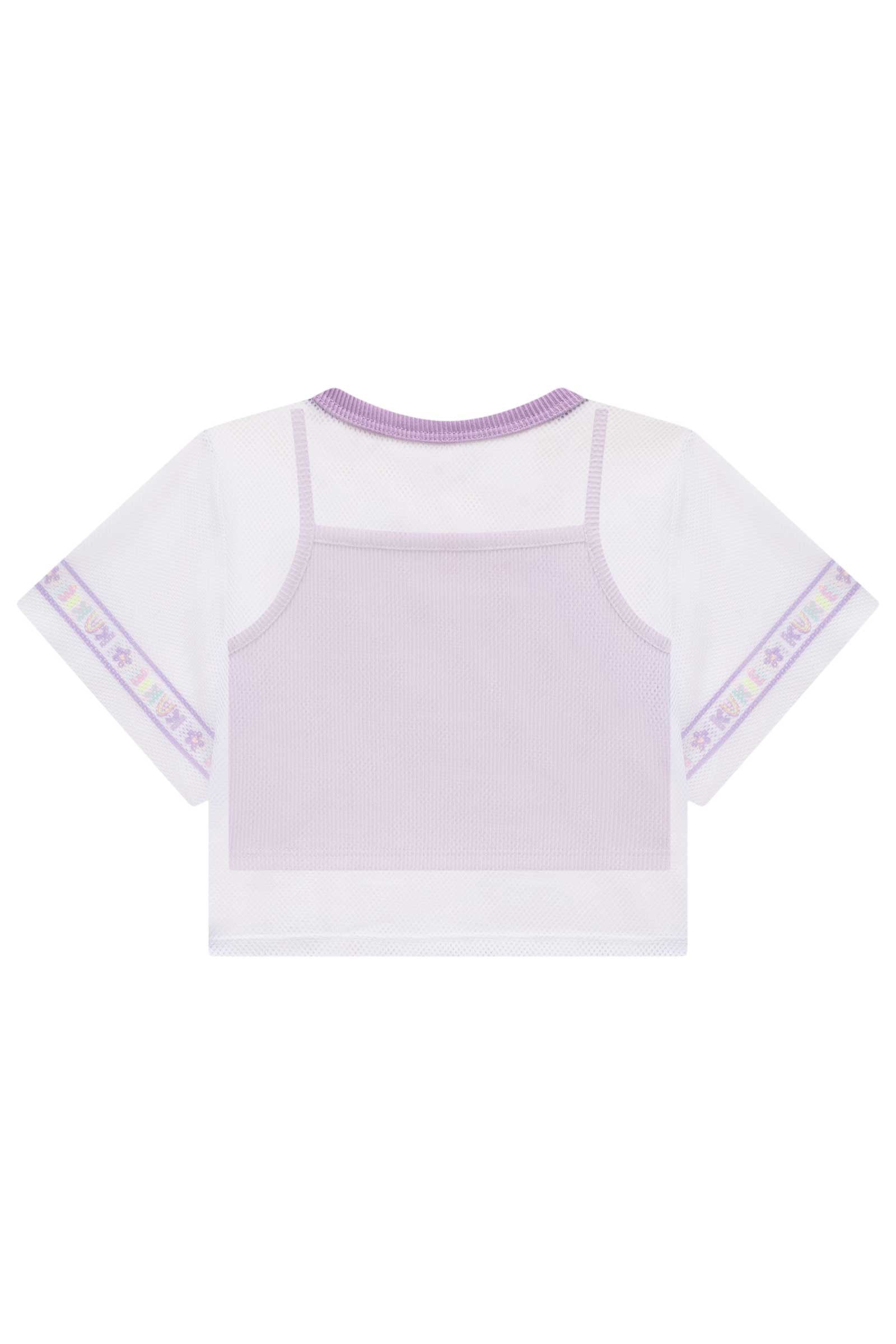 Conjunto Infantil Kukie Verão Shorts Lilás, Top e Sobreposição Best