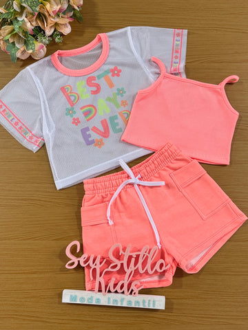 Conjunto Infantil Kukie Verão Shorts Coral, Top e Sobreposição Best