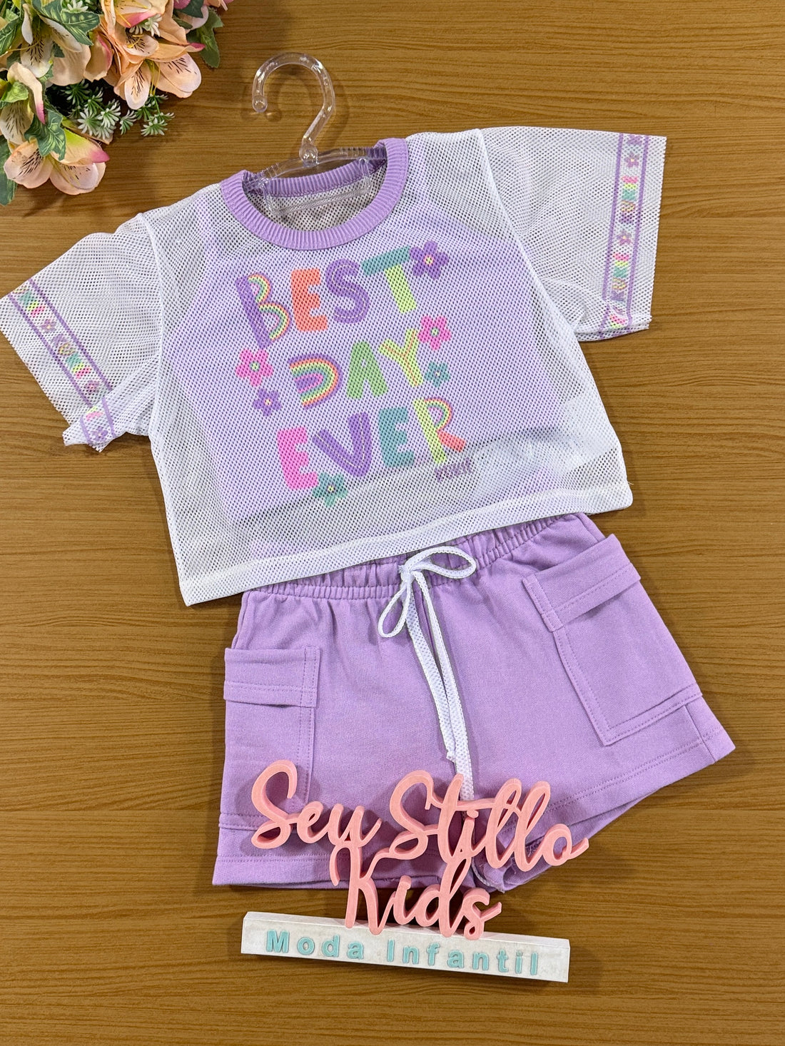 Conjunto Infantil Kukie Verão Shorts Lilás, Top e Sobreposição Best