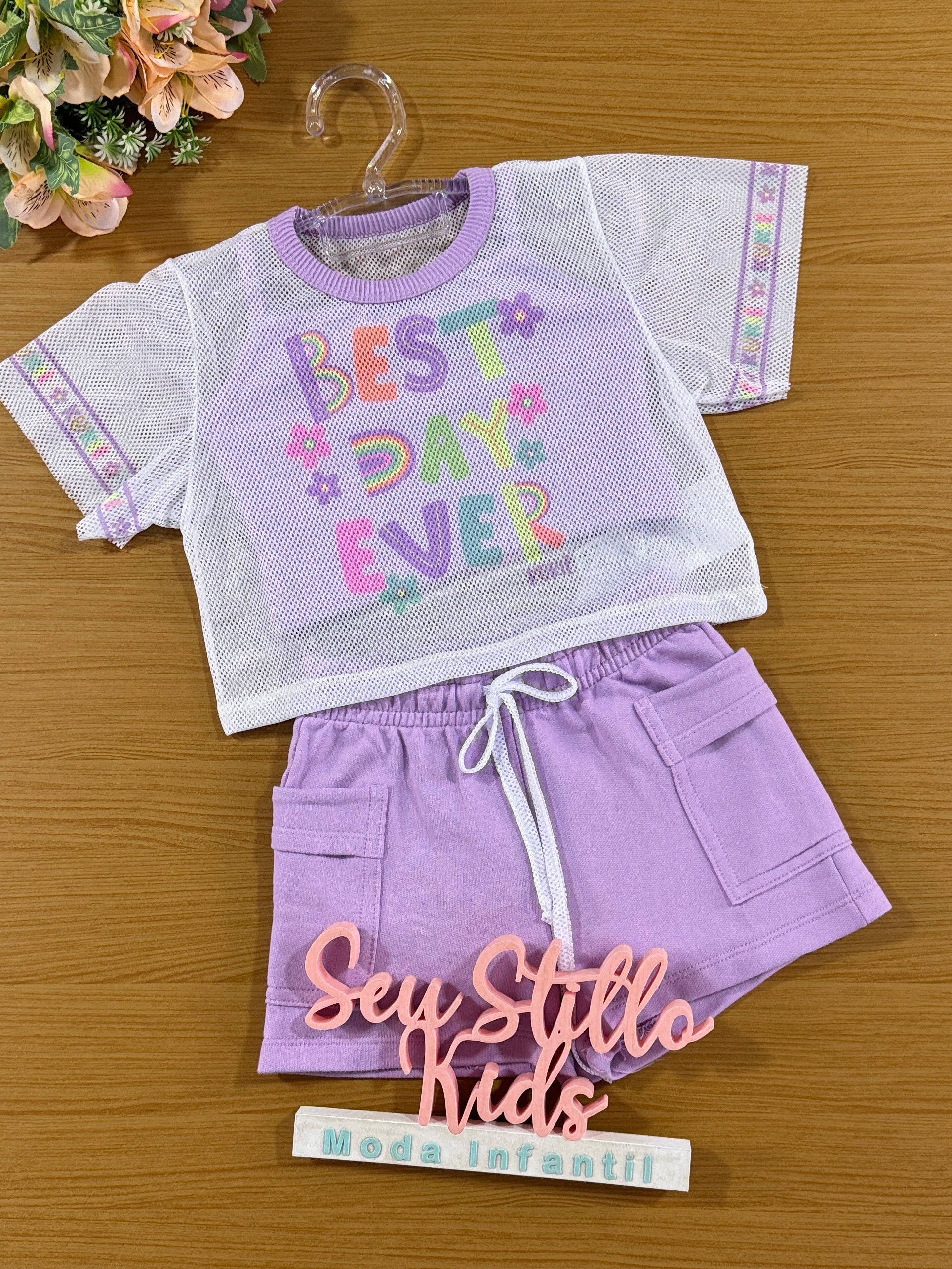 Conjunto Infantil Kukie Verão Shorts Lilás, Top e Sobreposição Best