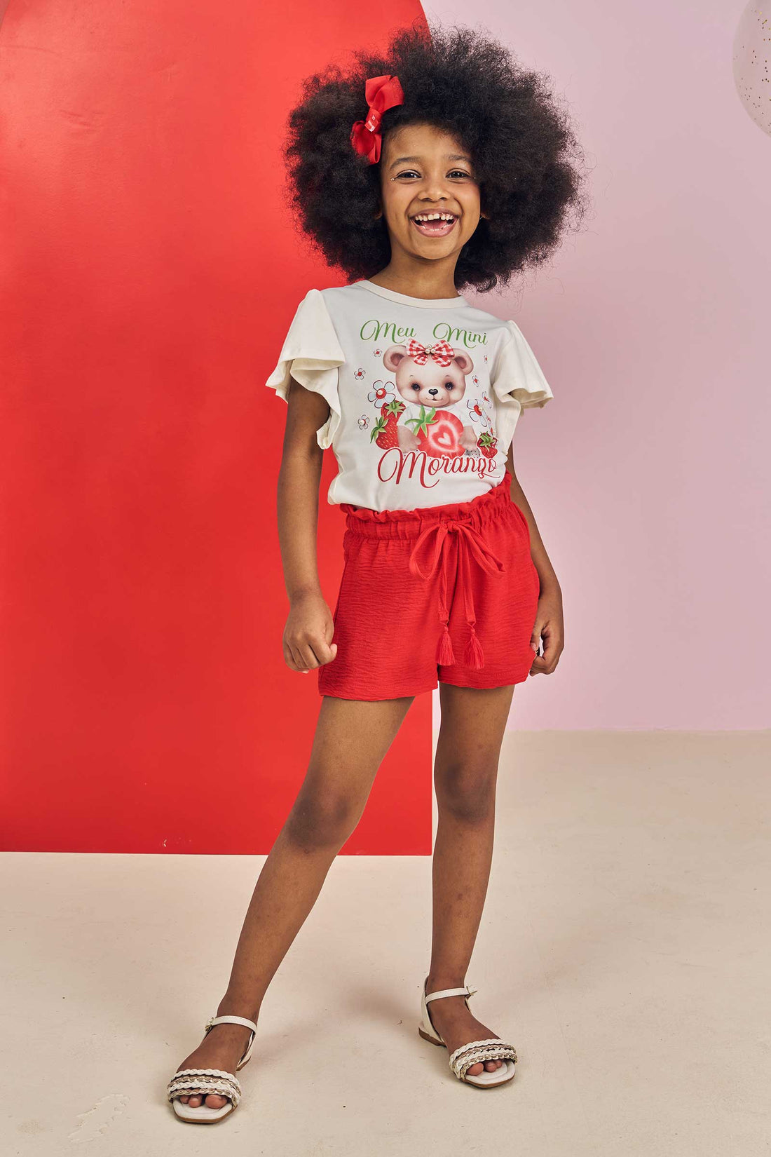 Conjunto Infantil Kukie Verão Shorts e Blusa Ursinha Morango