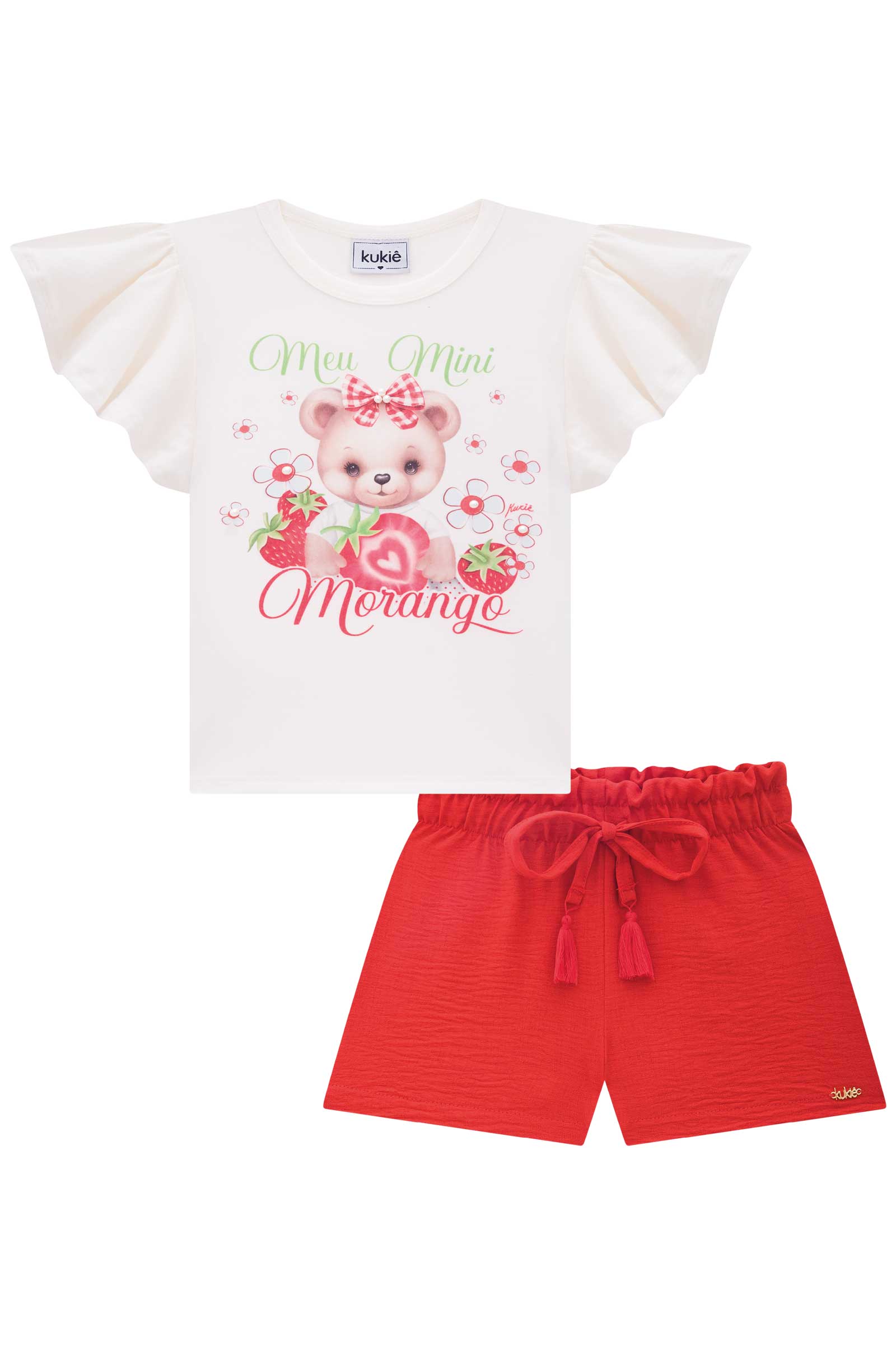 Conjunto Infantil Kukie Verão Shorts e Blusa Ursinha Morango