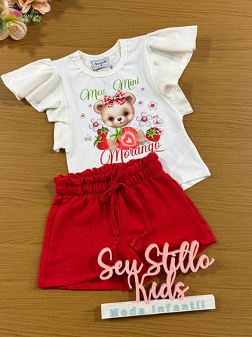 Conjunto Infantil Kukie Verão Shorts e Blusa Ursinha Morango