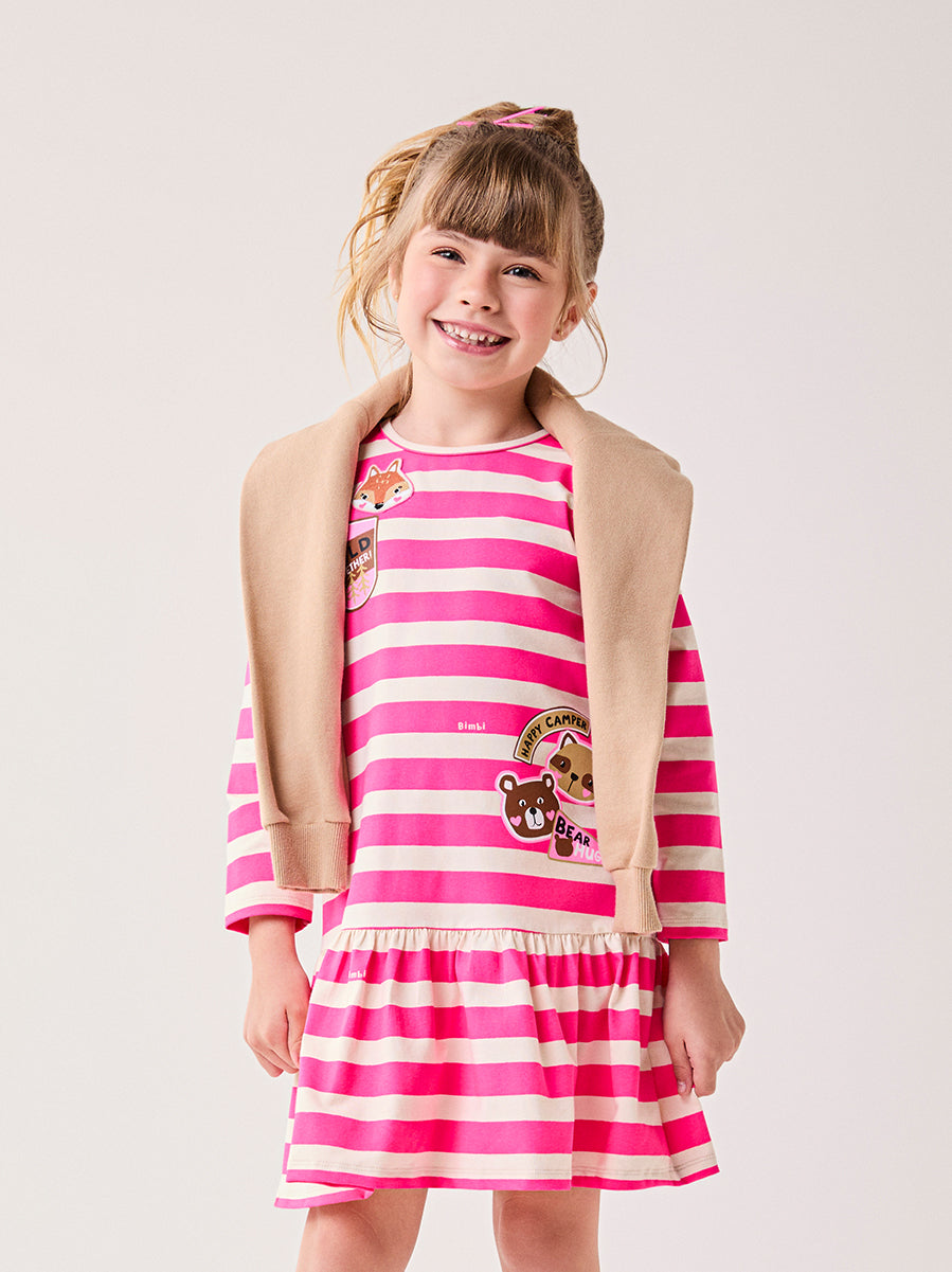 Vestido Infantil Bimbi Inverno Listras Rosa Bichinhos