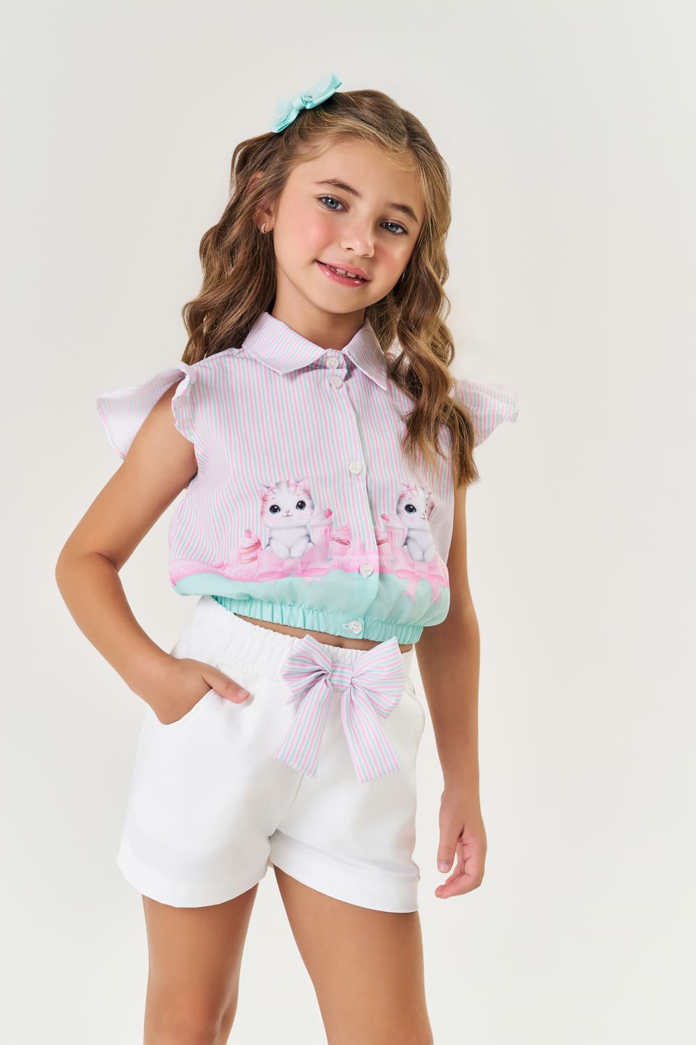 Conjunto Infantil Cinti Verão Shorts e Camisete Gatinha