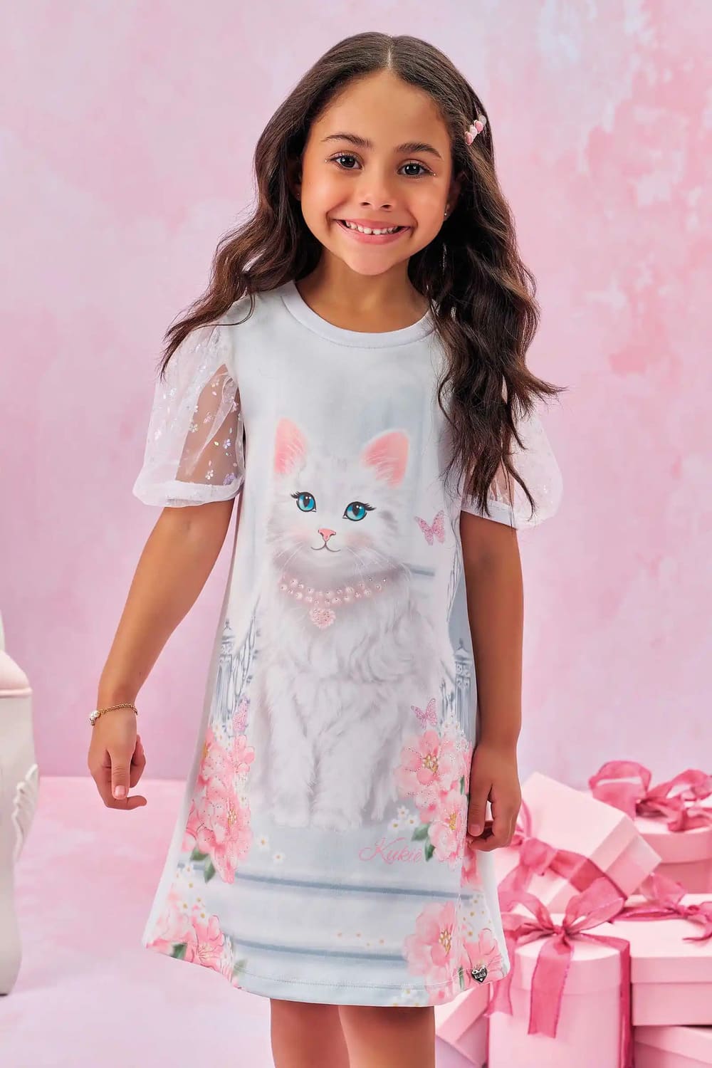 Vestido Infantil Kukie Verão Branco Gatinha
