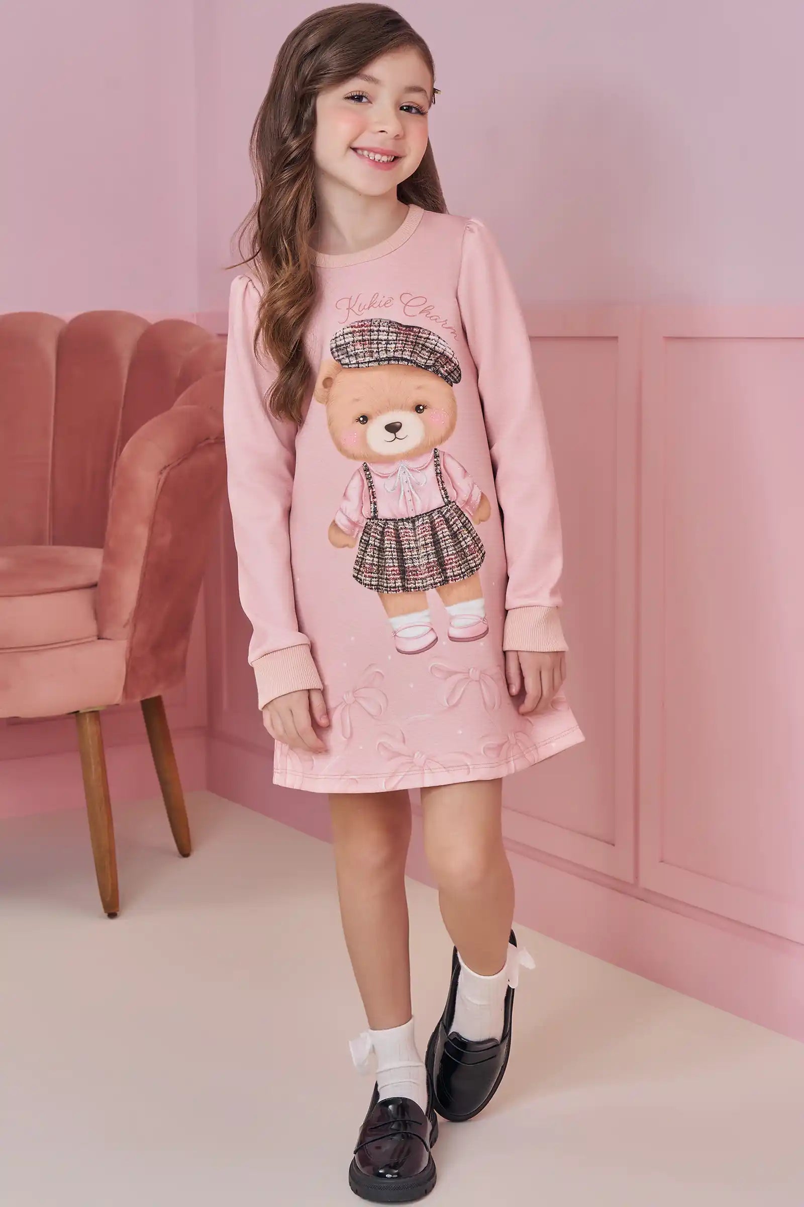 Vestido Infantil Kukiê Inverno Rosa Ursinha e Lacinhos