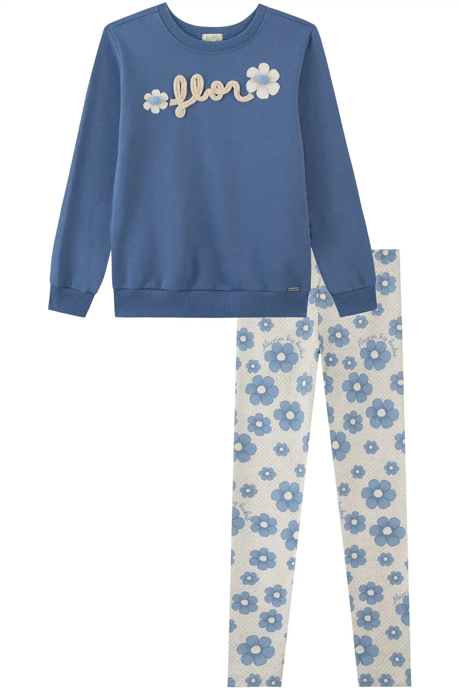 Conjunto Infantil Kukiê Inverno com Calça Legging Térmica e Moletom Flanelado Azul Flor