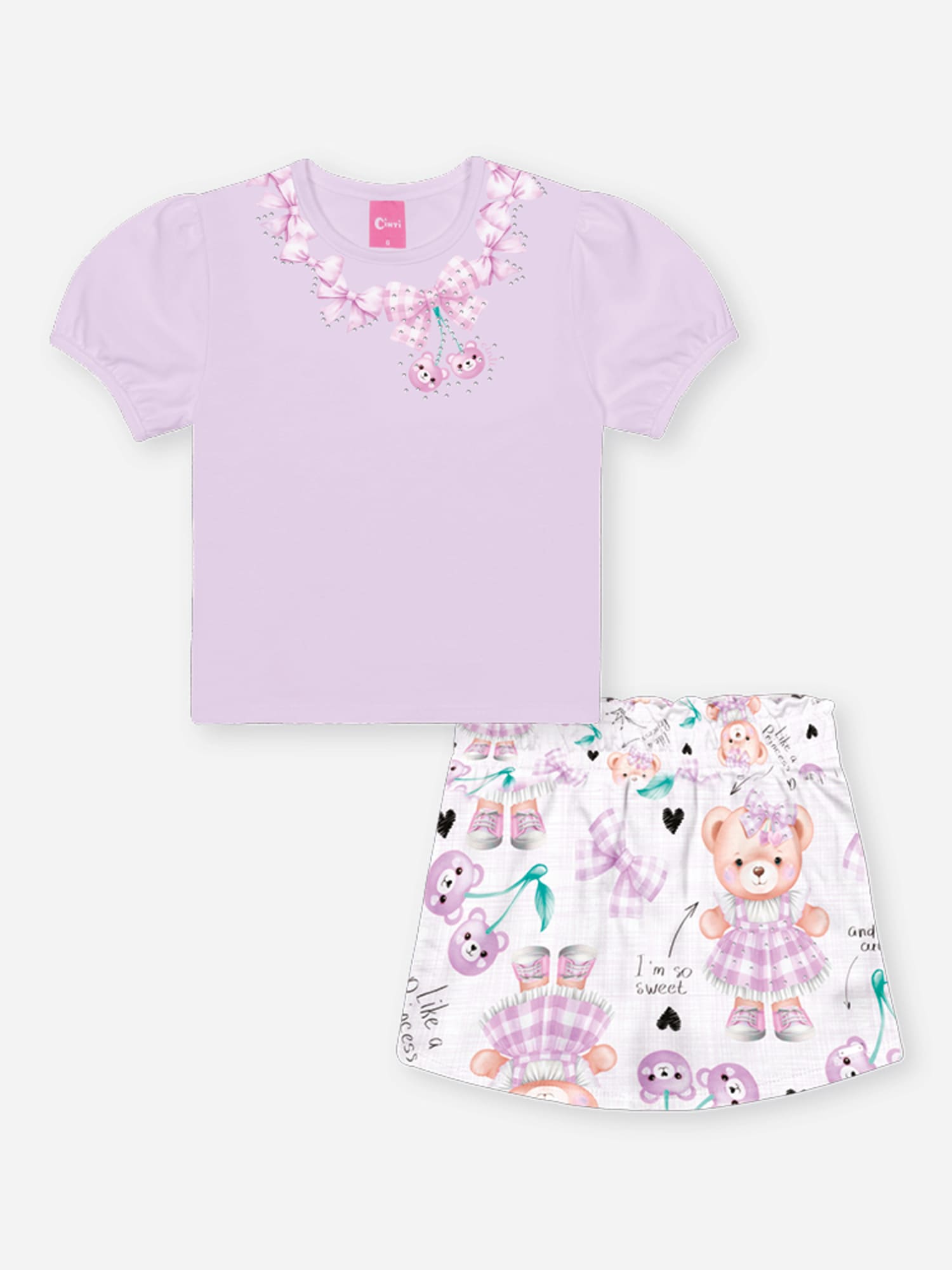 Conjunto Infantil Cinti Verão com Shorts Saia e Blusa Lilás Lacinhos