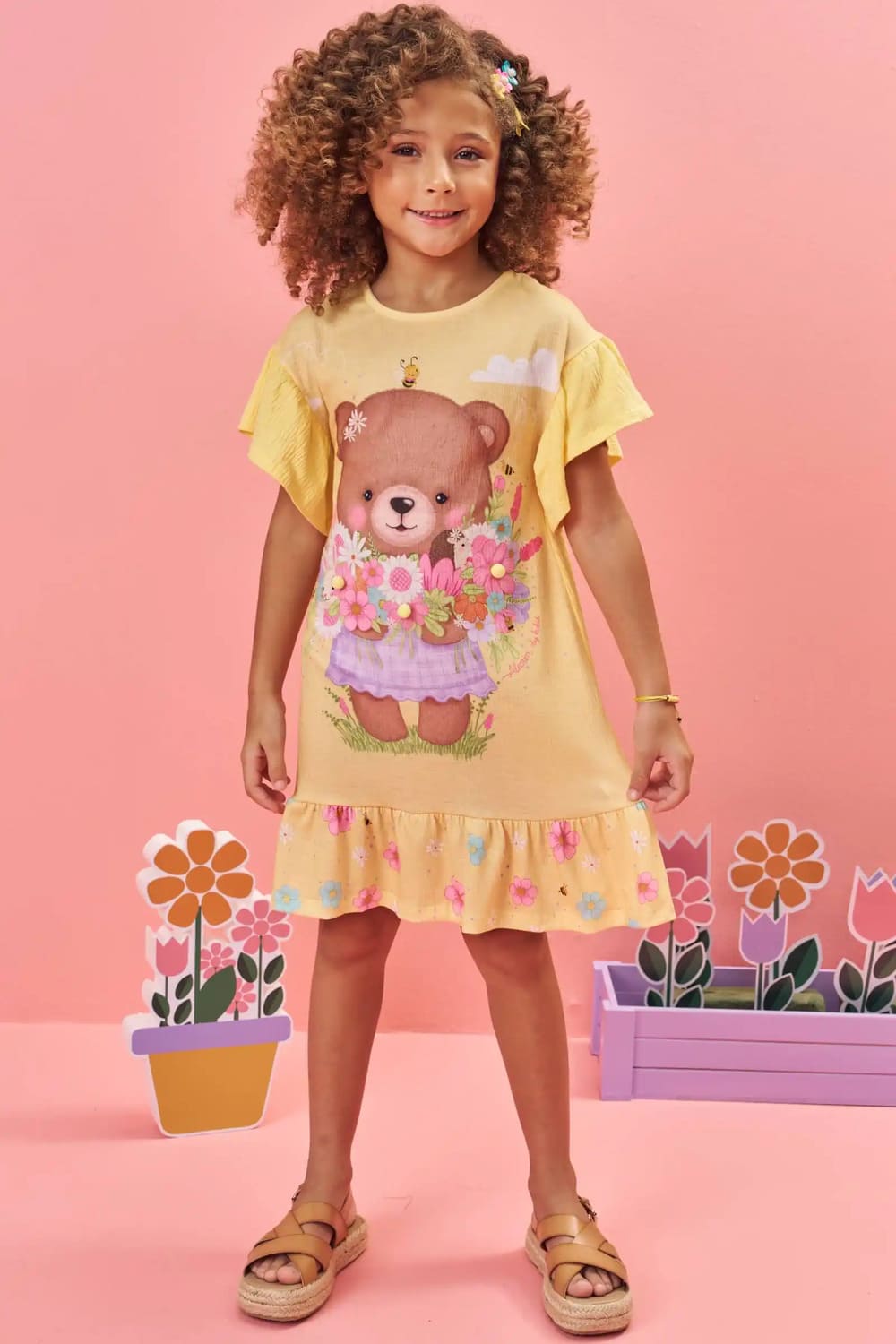 Vestido Infantil Kukie Verão Amarelo Ursinha Flores