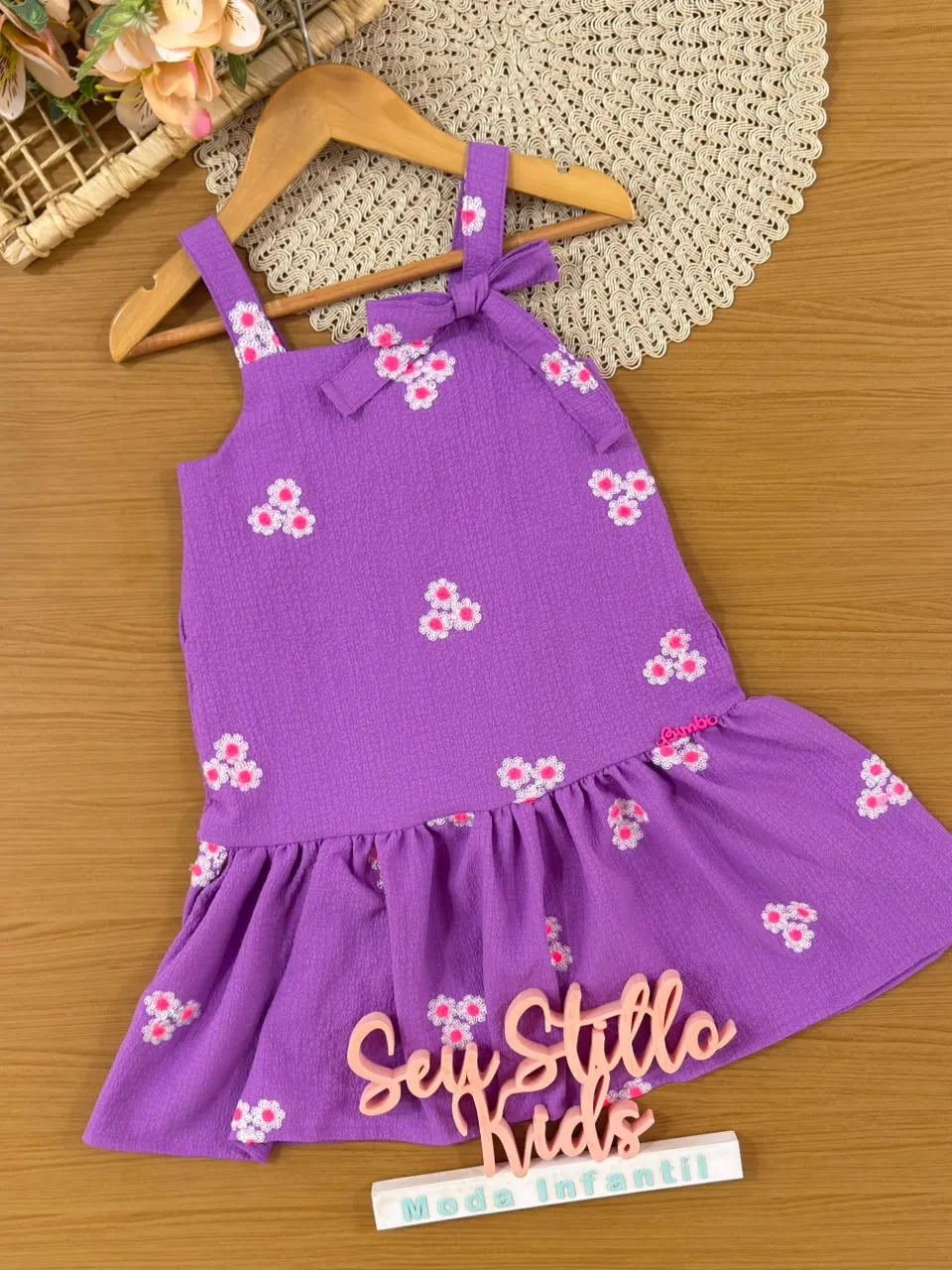 Vestido Infantil Bimbi Roxo Florzinhas Bordadas