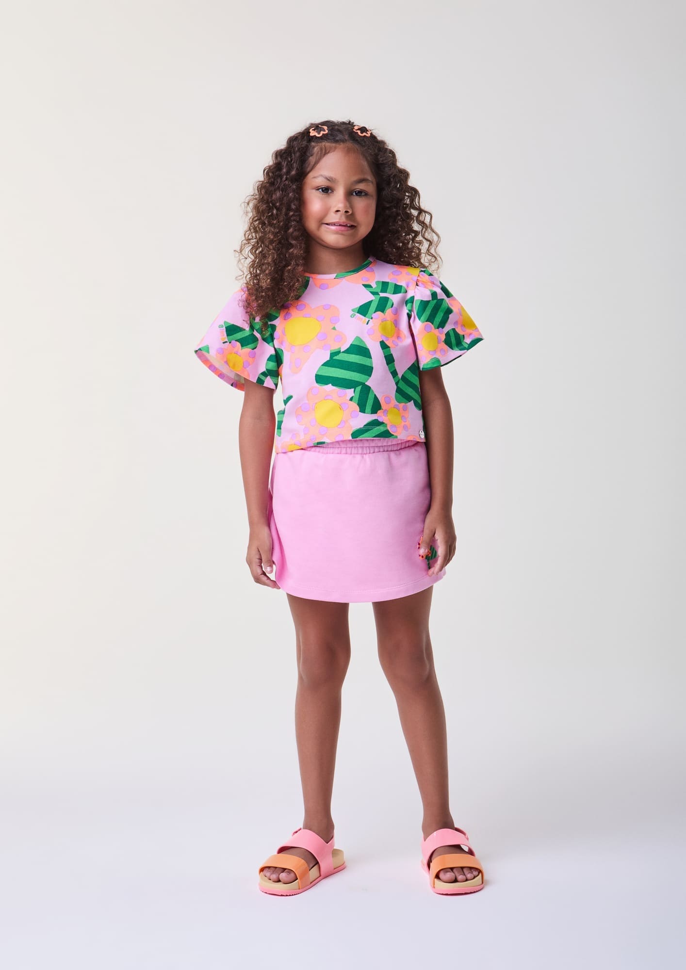 Conjunto Infantil Bimbi Verão com Shorts Saia e Blusa Rosa Florzinhas