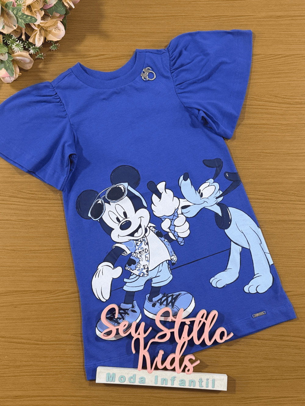 Vestido Infantil Animê Azul Verão Mickey e Amigos Disney