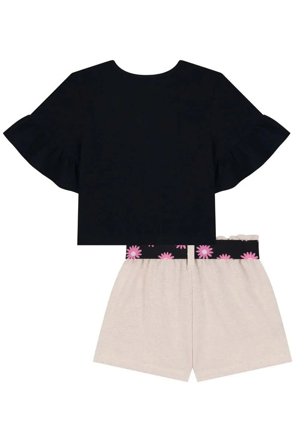 Conjunto Infantil Kukiê Verão Shorts Off White com Laço e Blusa Preta Menininha