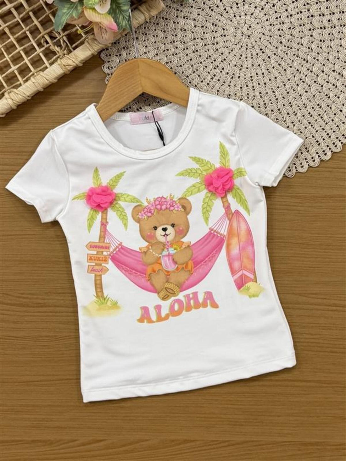 Conjunto Infantil Kukiê Verão com Shorts Rosa e Blusa Branca Ursinha Aloha