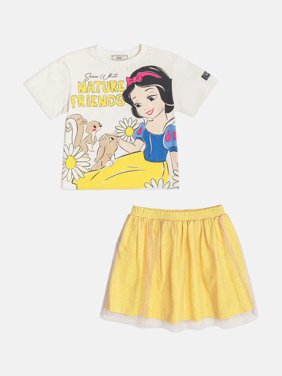 Conjunto Infantil Menina Bimbi Saia Amarela em Tule e Blusa Branca de Neve Disney