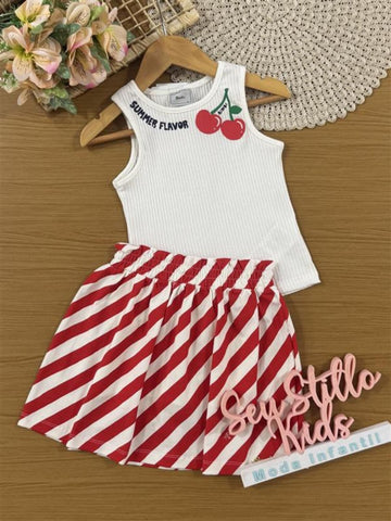 Conjunto Infantil Bimbi Verão com Saia Listrada e Regata Branca Cerejinha