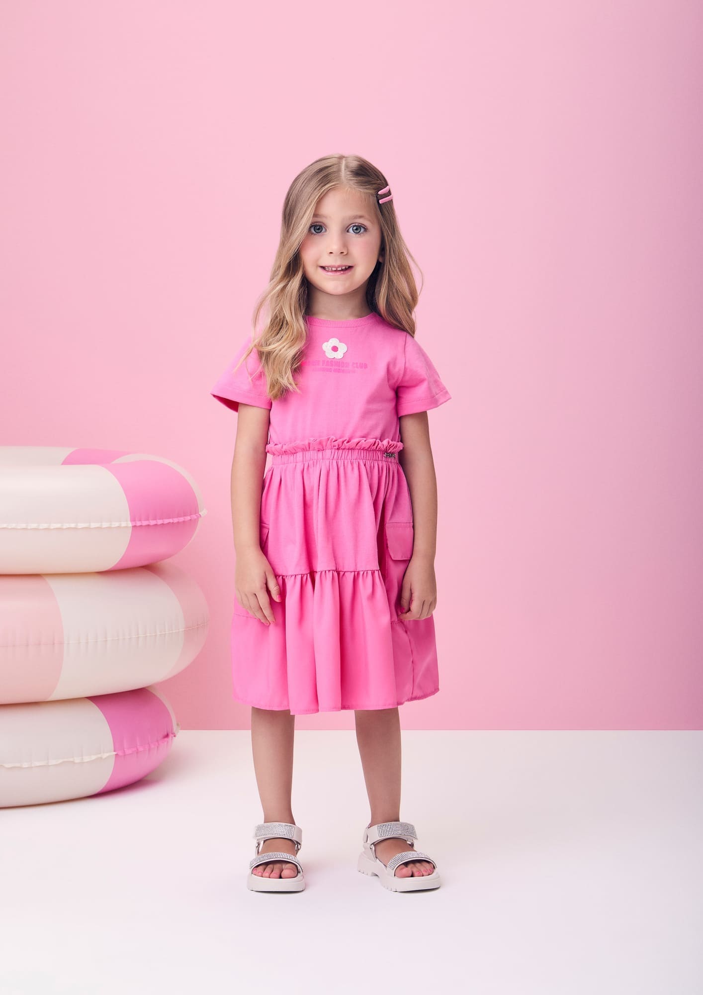 Vestido Infantil Momi Verão Rosa Florzinha com Strass