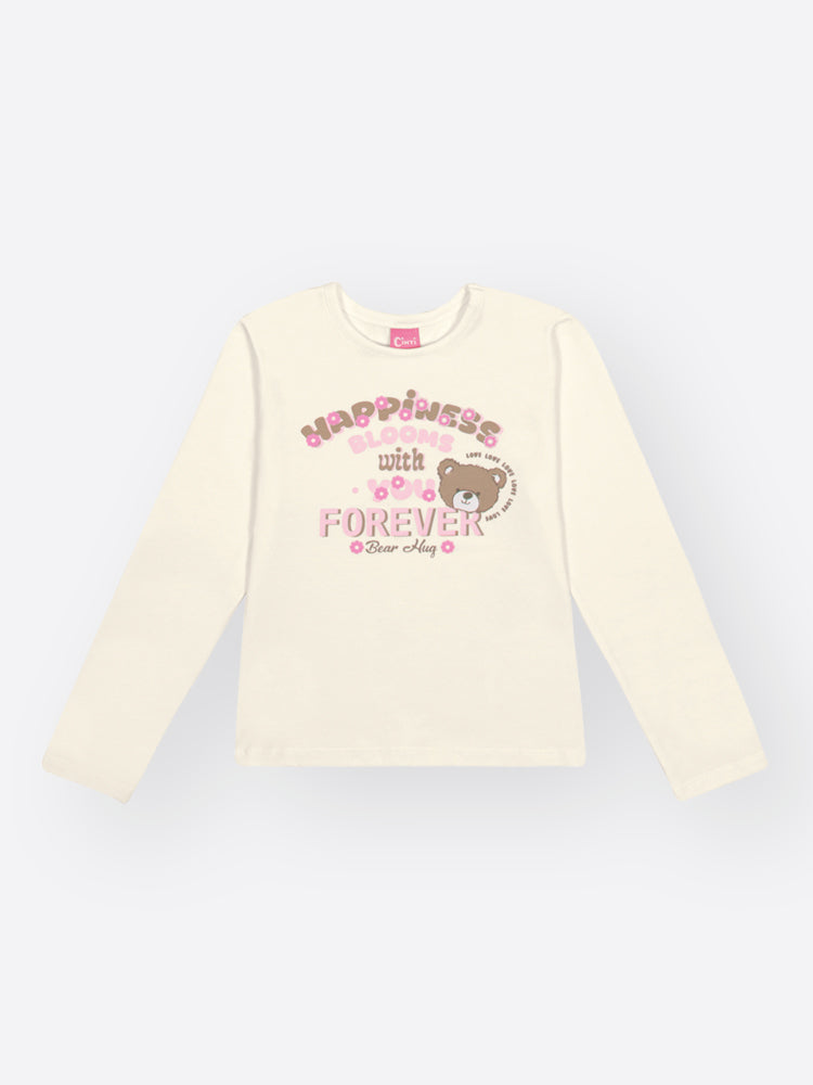 Conjunto Infantil Cinti Inverno com Saia Bege e Blusa Manga Longa Ursinha Happiness
