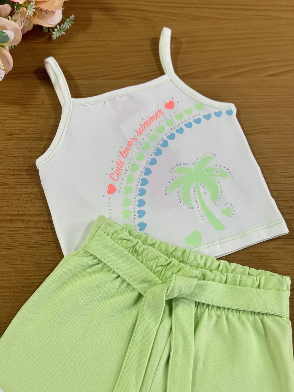 Conjunto Infantil Cinti Verão Shorts Verde e Regata Coqueiro