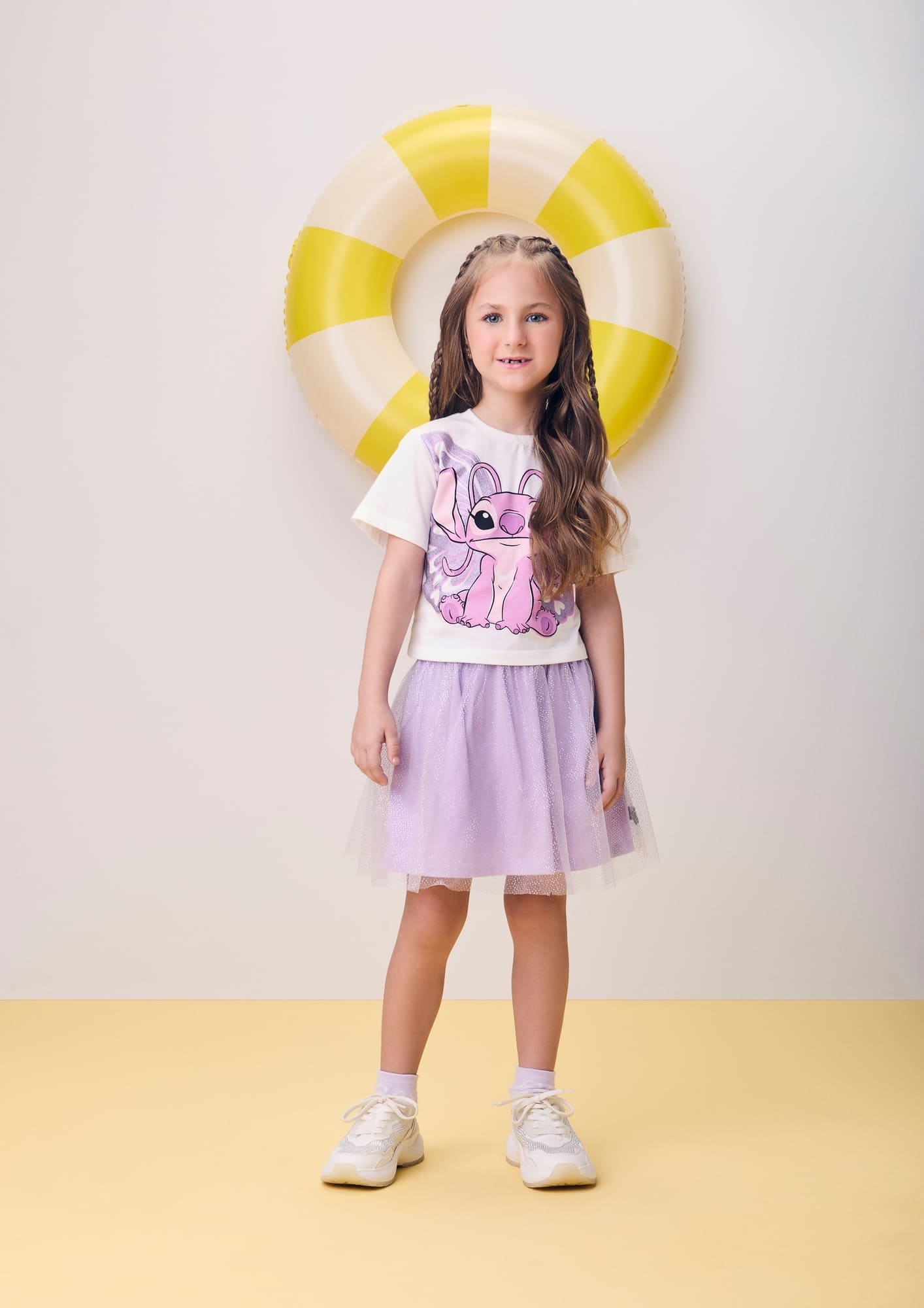 Conjunto Infantil Momi Verão com Saia em Tule Lilás e Blusa Branca Angel