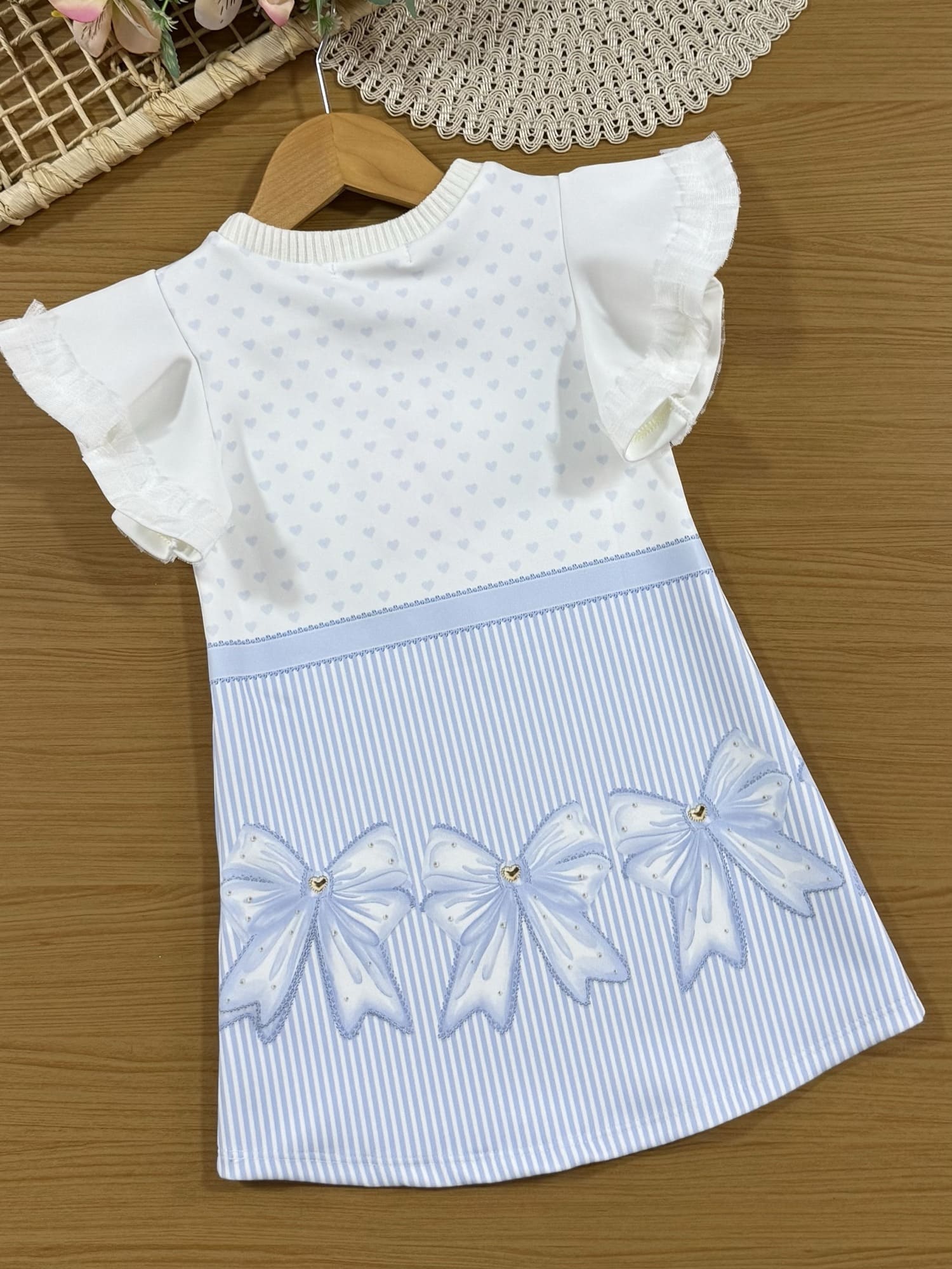 Vestido Infantil Kukiê Manga Curta Azul Ursinha com Strass